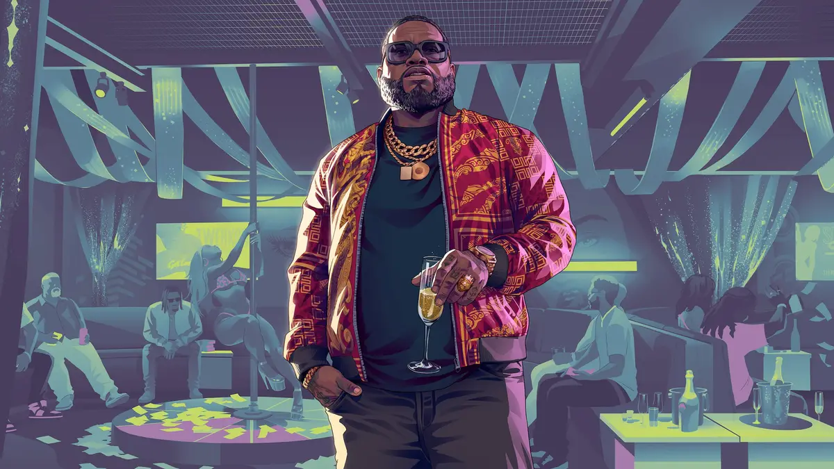 Boobie Ike in a patterned jacket holding a drink inside a Vice City strip club, from official Grand Theft Auto VI artwork.