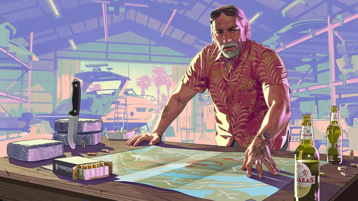 Brian Heder leaning over a map on a workbench in his boat yard with beers and a knife beside him, from official Grand Theft Auto VI artwork.