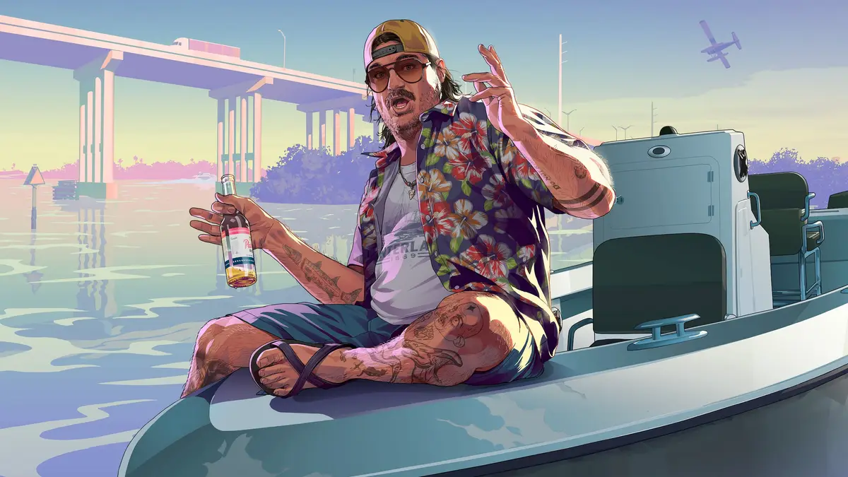 Cal Hampton sitting on a boat with a beer in hand near a bridge in the Leonida Keys, from official Grand Theft Auto VI artwork.