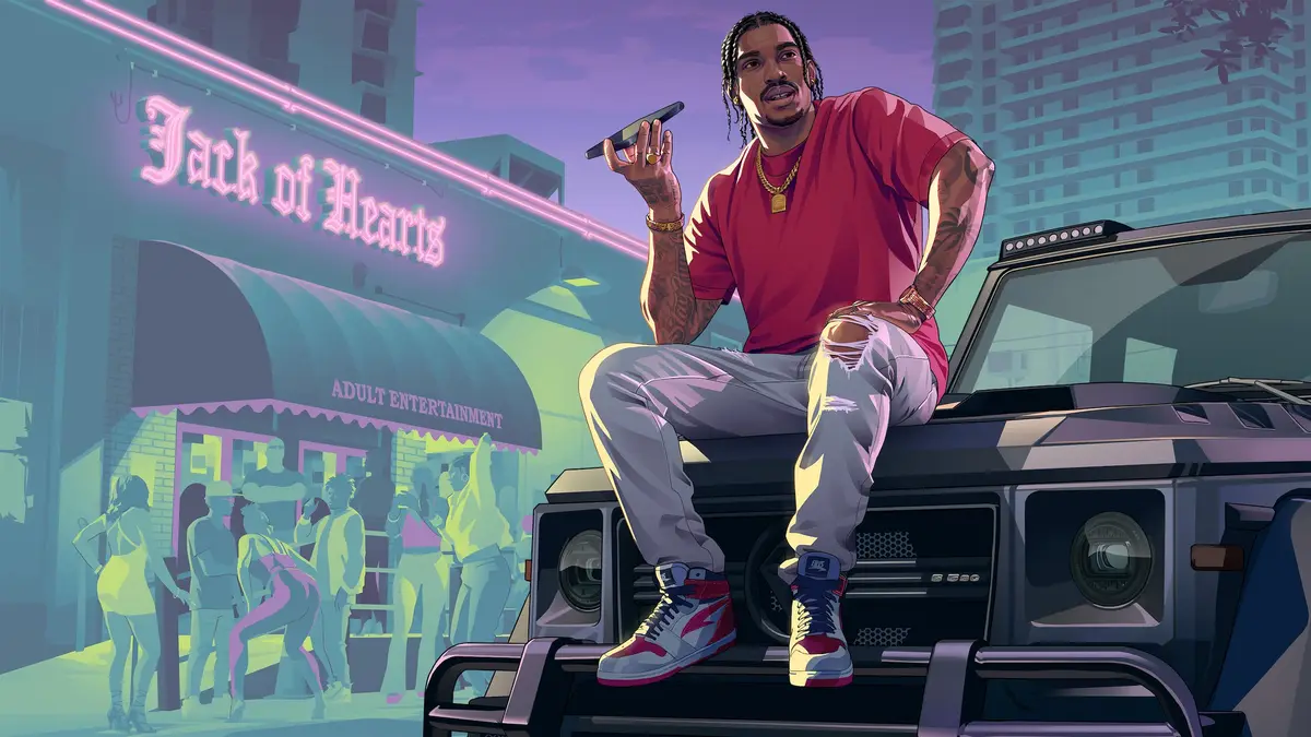 Dre'Quan Priest sitting on the hood of an SUV outside the Jack of Hearts club with a phone in hand, from official Grand Theft Auto VI artwork.