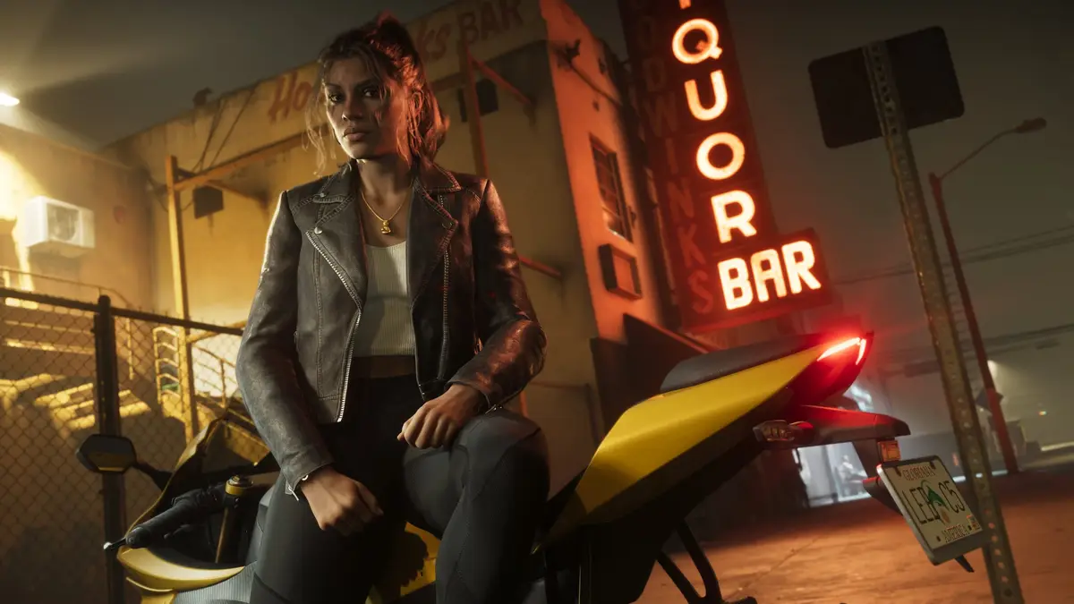 Lucia Caminos in a leather jacket sitting on a motorbike under a neon liquor bar sign, from official Grand Theft Auto VI screenshots.