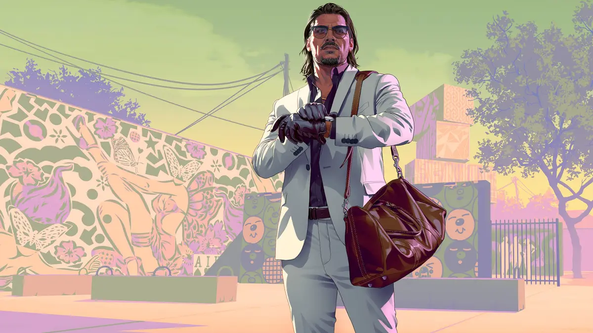 Raul Bautista in a white suit carrying a leather bag past a painted mural, from official Grand Theft Auto VI artwork.
