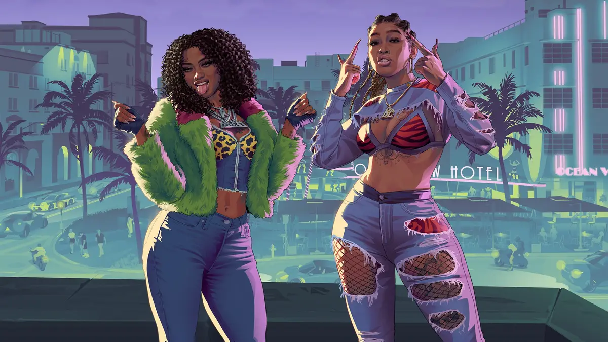 Bae-Luxe and Roxy of Real Dimez posing in front of Vice City hotels, from official Grand Theft Auto VI artwork.